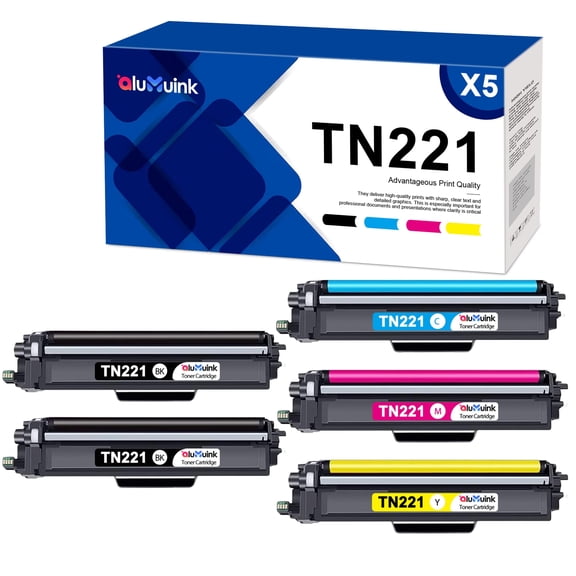 TN221 High Yield Toner Cartridge TN-221 TN-225 Compatible with Brother HL-3140CW MFC-9130CW Printer(2BK/1C/1M/1Y,5Pack)