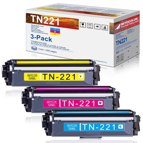 TN221 TN 221 TN 225 Compatible Toner Cartridge Replacement for Brother TN221C TN221M TN221Y HL-3140CW HL-3170CDW MFC-9330CDW HL-3150CDN Printer (1Cyan+1Magenta+1Yellow)