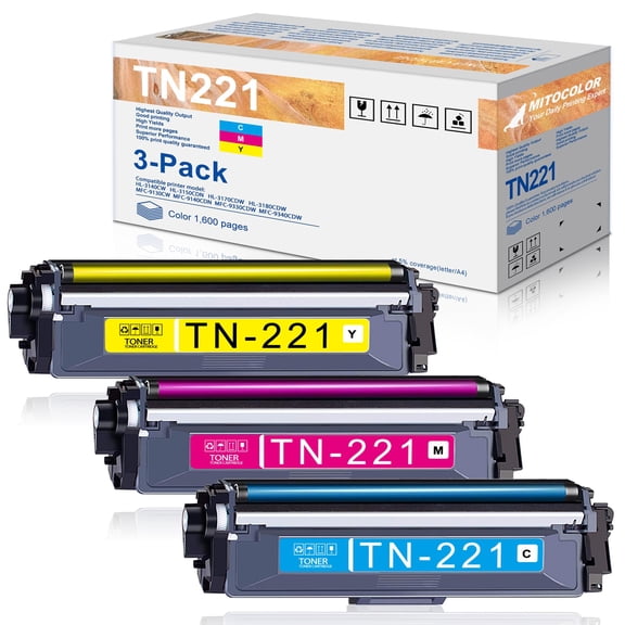 TN221 TN 221 TN 225 Compatible Toner Cartridge Replacement for Brother TN221C TN221M TN221Y HL-3140CW HL-3170CDW MFC-9330CDW HL-3150CDN Printer (1Cyan+1Magenta+1Yellow)