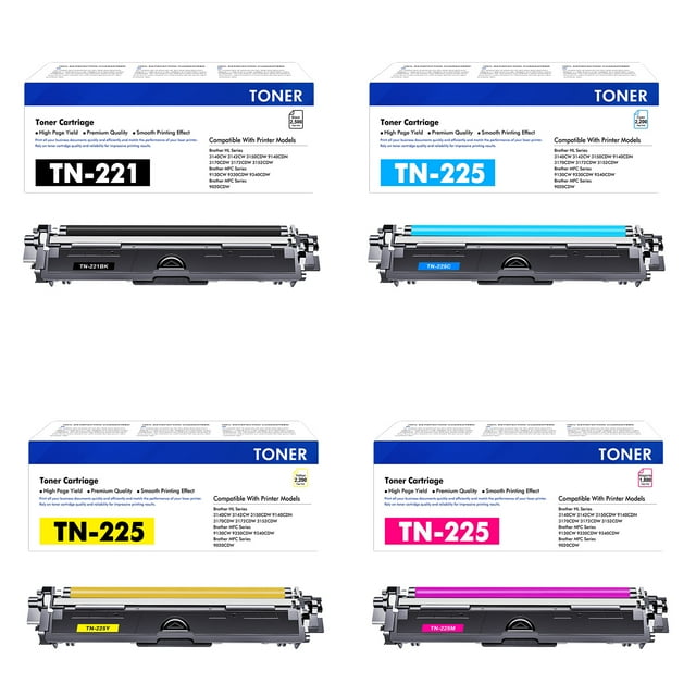 TN221 TN225 TN221 TN225 Toner Cartridge Replacement 4 Pack Compatible for Brother TN221 TN225