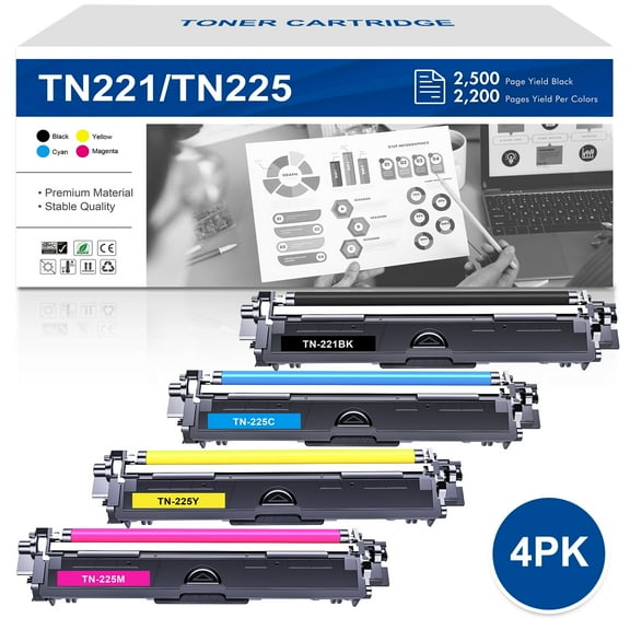 TN221 TN225 Toner Cartridge 4-Pack Compatible for Brother TN-221 TN-225 HL-3140CW HL-3142CW HL-3150CDW 3152CDW 3170CDW 3172CDW MFC-9130CW 9140CDN 9330CDW 9340CDW DCP-9020CDW Black Cyan Magenta Yellow