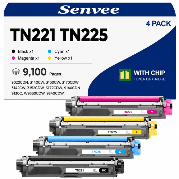 TN221 TN225 Toner Cartridge 4-Pack Replacement for Brother HL-3140CW HL-3170CDW MFC-9130CW MFC-9340CDW DCP-9020CDN