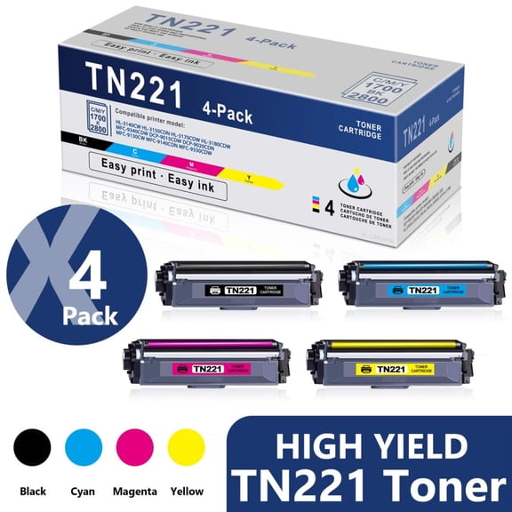 TN221 Toner Cartridge Compatible for Brother MFC-9340CDW Printer (4 Pack, 1BK/1C/1M/1Y)