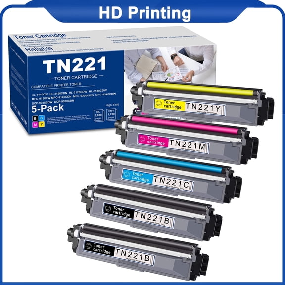 TN221 Toner Cartridge Compatible for Brother MFC-9340CDW Printer (5 Pack, 2BK/1C/1M/1Y)