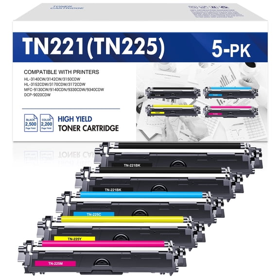 TN221 Toner Cartridges 5-Pack Compatible for Brother TN225 TN 221 TN-221 TN221BK MFC-9130CW HL-3170CDW HL-3140CW HL-3180CDW MFC-9330CDW Printer Ink (Black Cyan Magenta Yellow)