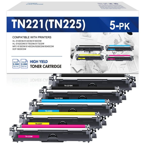 TN221 Toner Cartridges 5-Pack Compatible for Brother TN225 TN 221 TN-221 TN221BK MFC-9130CW HL-3170CDW HL-3140CW HL-3180CDW MFC-9330CDW Printer Ink (Black Cyan Magenta Yellow)