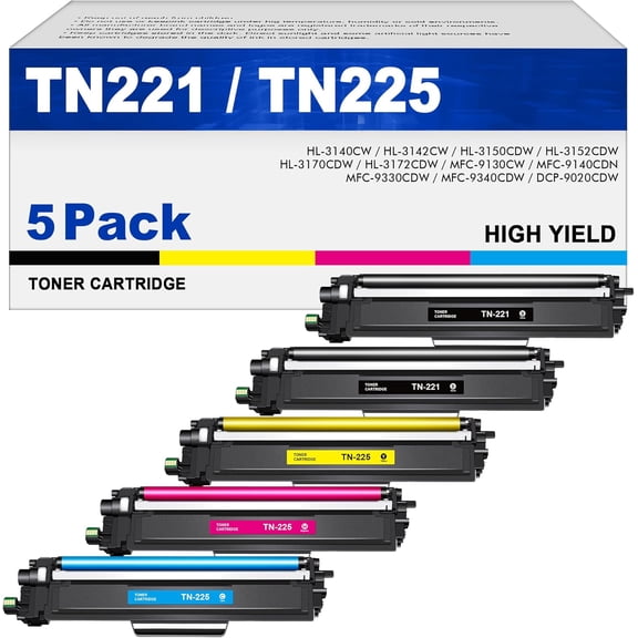 TN221 Toner Cartridges 5 Pack TN225 - Replacement for Brother tn221 tn221bk tn225 Compatible with Brother MFC-9130CW Toner Cartridge, HL-3170CDW Toner Cartridge, HL-3140CW MFC-9330CDW Printer
