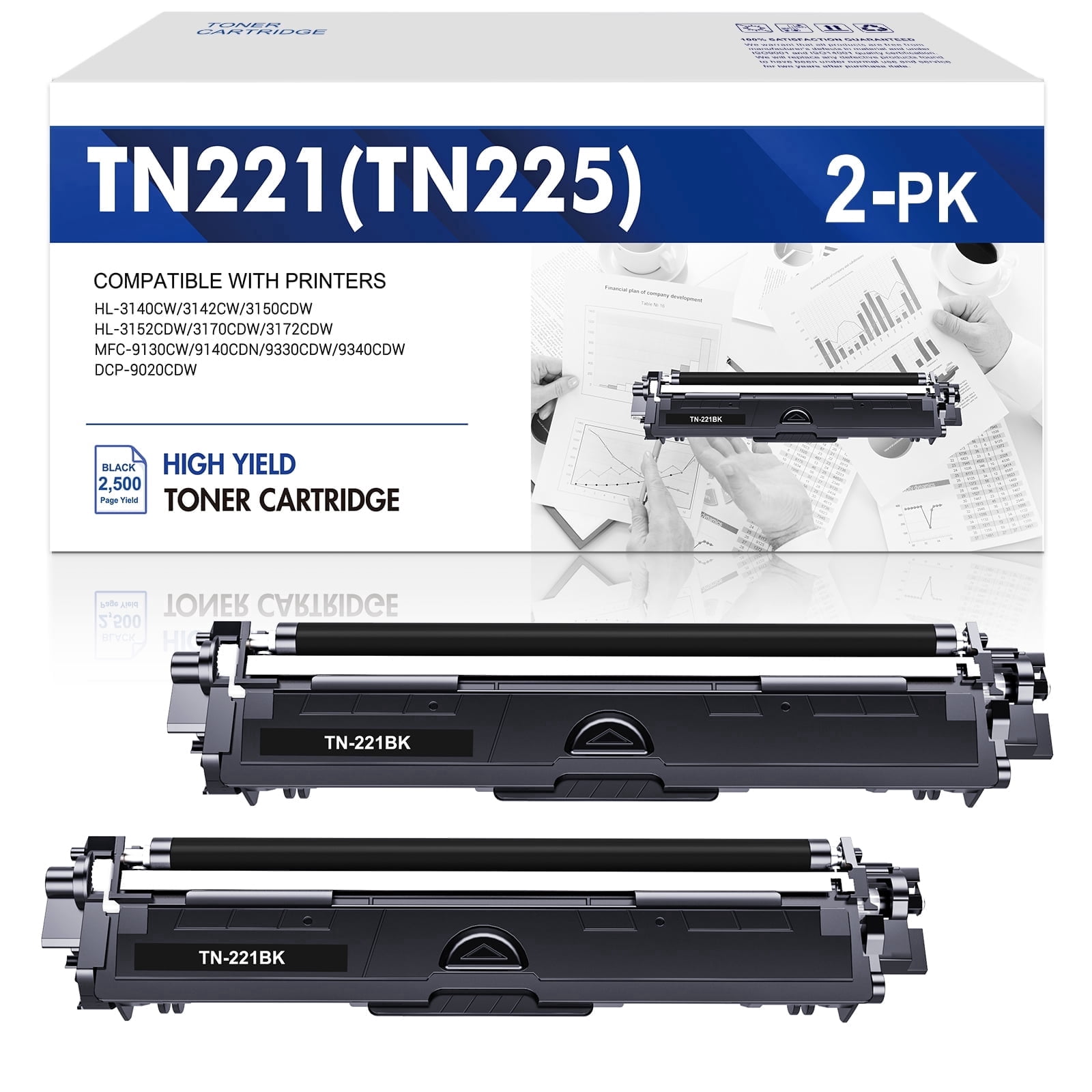 Colorich Compatible for Brother TN221BK TN225 Black Toner Cartridge 2-Pack TN221 TN-221BK MFC-9130CW HL-3170CDW HL-3140CW MFC-9330CDW Printer Ink