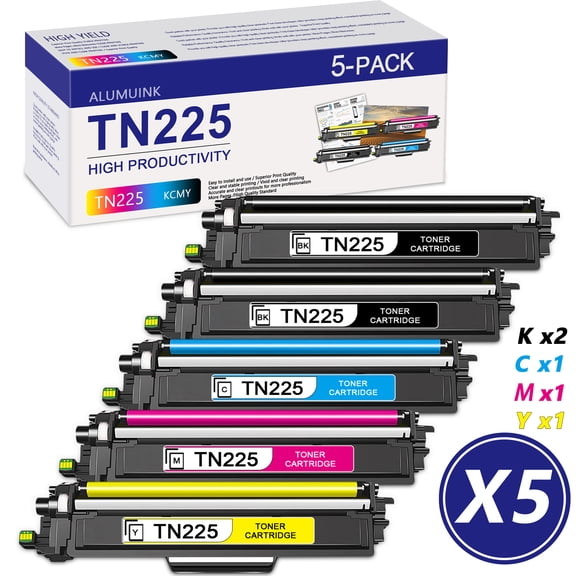 TN225 2BK/C/M/Y 5-Color Set Toner Cartridge - Replacement for Brother MFC-9340CDW MFC-9130CW Printer