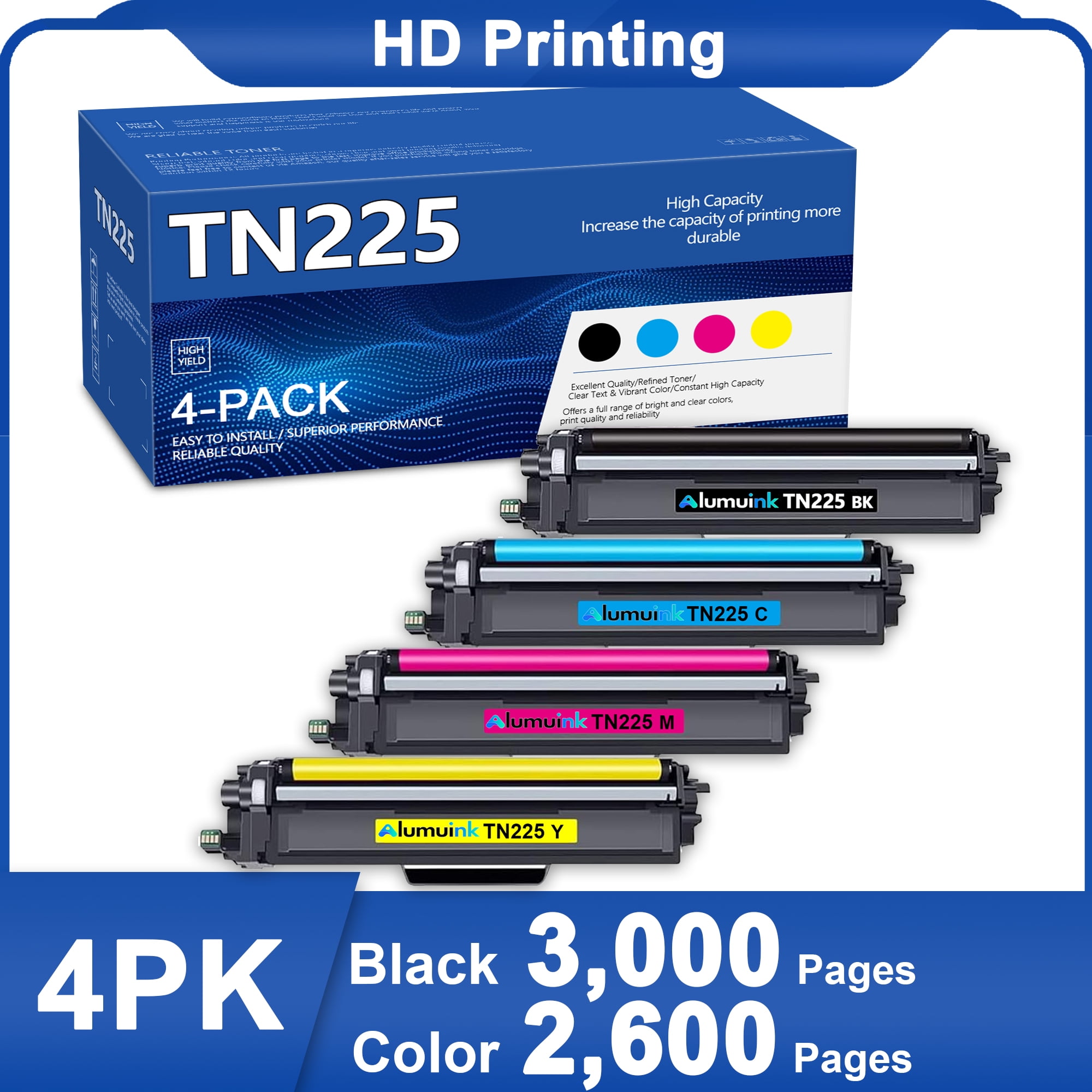 TN225 BK/C/M/Y 4-Color Set Toner Cartridge - Replacement for Brother MFC-9130CW  MFC-9340CDW Printer 