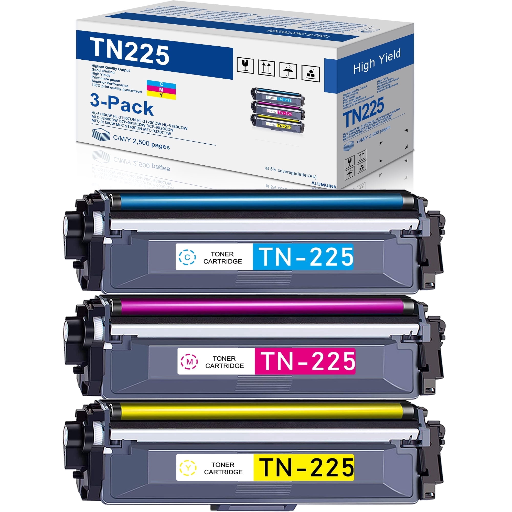 TN225 Cyan Magenta Yellow High Yield Toner Cartridge Compatible