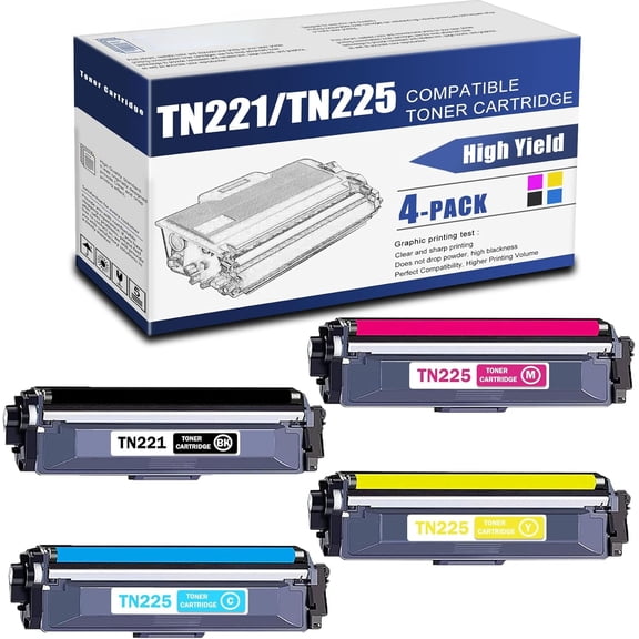TN225 TN-225 Compatible TN-221BK TN-225C TN-225Y TN-225M High Yield Toner Cartridge Replacement for Brother TN-225 HL-3140CW HL-3150CDN MFC-9130CW MFC-9330CDW Toner (1BK+1C+1Y+1M)