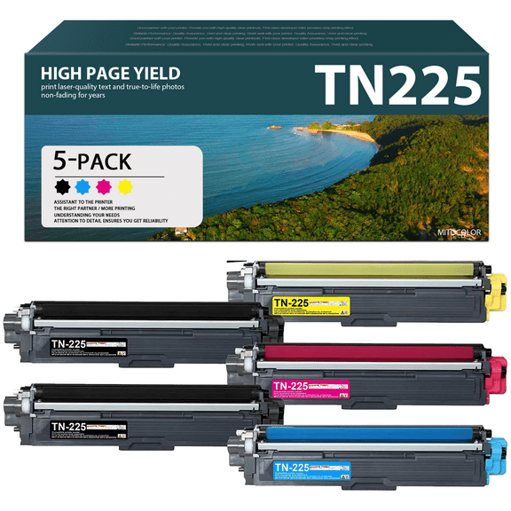 TN225 Toner Cartridges 5 Pack: Compatible TN-225 TN225BK/C/M/Y,TN-225BK,TN-225C,TN-225M,TN225Y Toner Replacement for MFC-9130CW HL-3140CW HL-3170CDW MFC-9330CDW MFC-9340CDW Printer (2BK/1C/1M/1Y)