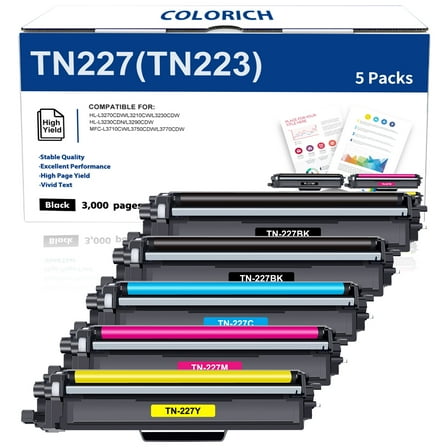 TN227 TN-227BK/C/M/Y Toner Cartridge 5-Pack Compatible for Brother TN-227 TN227 TN223 MFC-L3770CDW HL-L3290CDW HL-L3270CDW MFC-L3750CDW HL-L3210CW HL-L3230CDW MFC-L3710CW Printer Ink