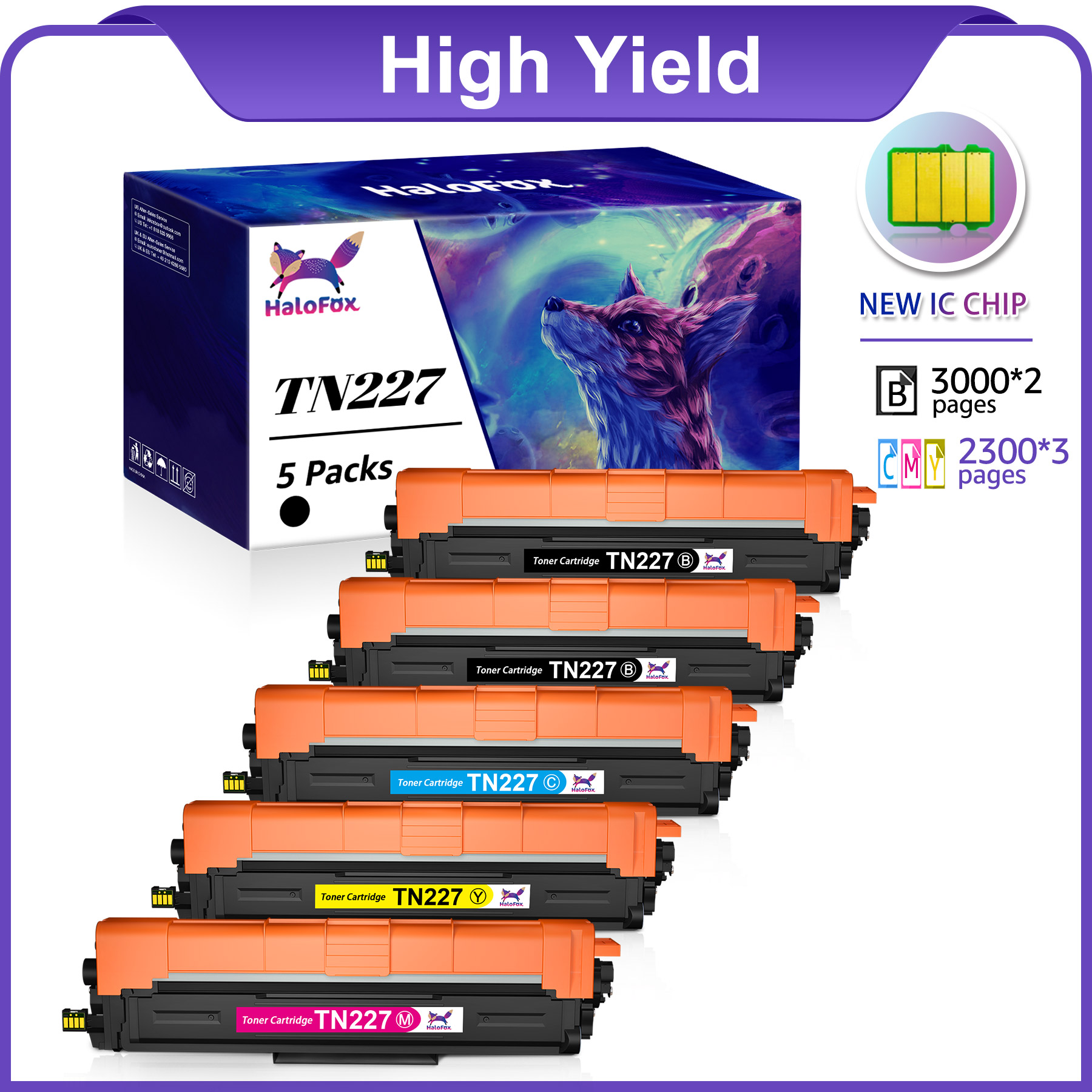 TN227 High Yield Toner Cartridge 5Pack Compatible for Brother TN227 TN223 TN227BK/C/M/Y HL