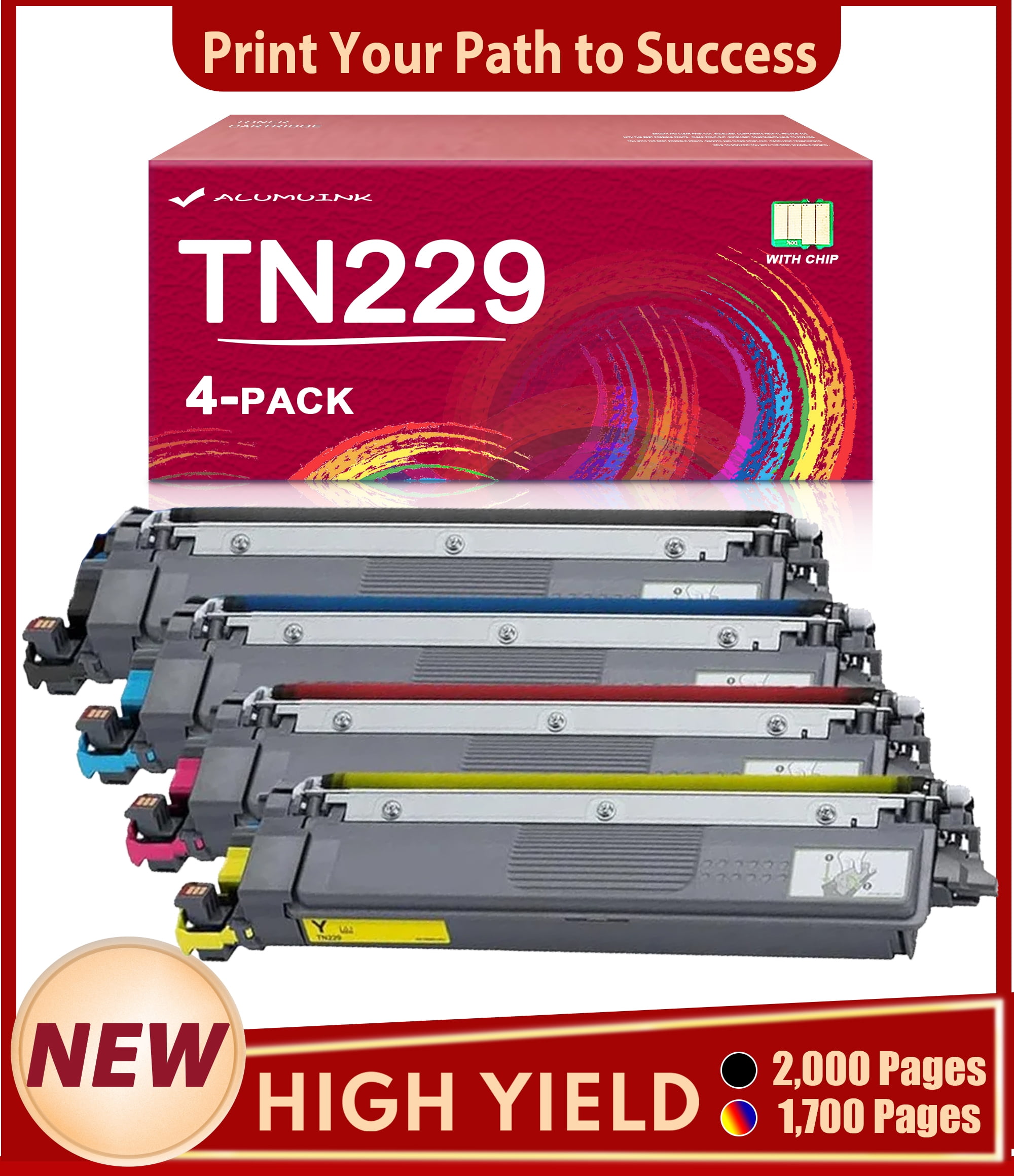 TN229 4PK (BK/C/M/Y) TN 229 Toner Cartridges Replacement for Brother