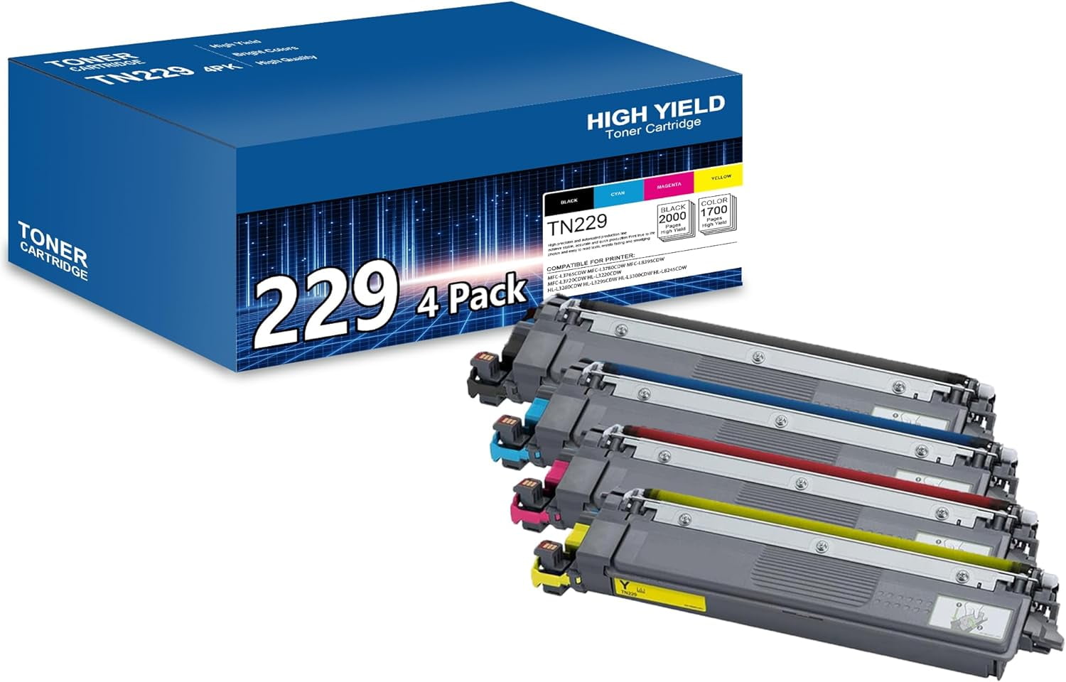TN229 4PK (BK/C/M/Y) TN 229 Toner Cartridges Replacement for Brother