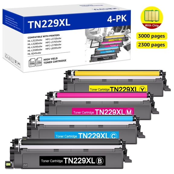 TN229XL TN229 Toner Cartridge Replacement for Brother HL-L3280CDW HL-L3220CDW MFC-L3720CDW HL-L3295CDW HL- L3300CDW HL-L8245CDW Printers(4 Pack PK/C/Y/M)