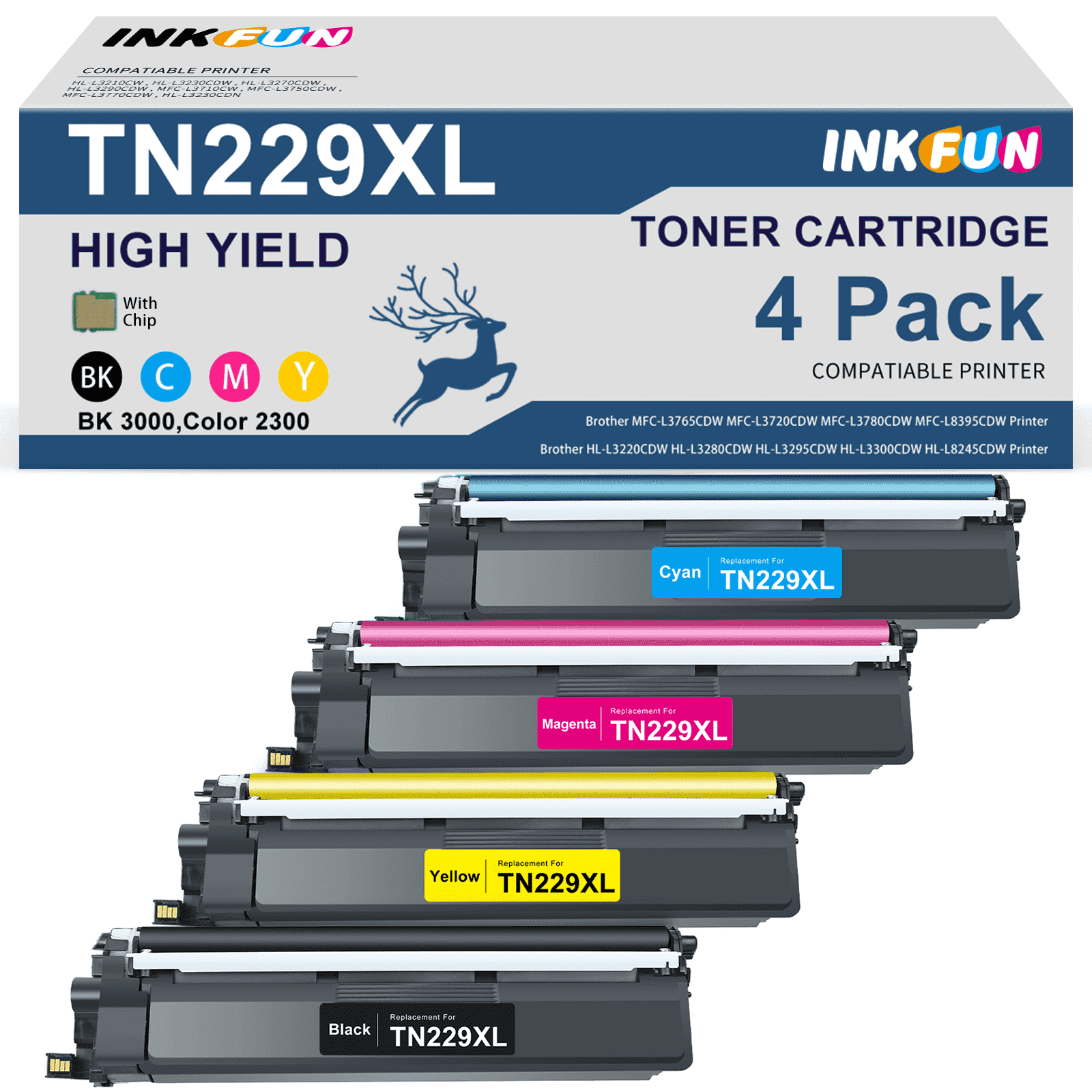TN229XL TN229 Toner Cartridge Replacement for Brother TN229XL TN-229XL TN229 Toner for MFC-L3780CDW HL-L3280CDW Printer (Black Cyan Magenta Yellow, 4-Pack)