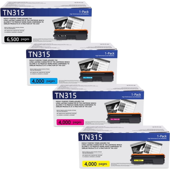TN315 Toner Cartridge 4 Pack Compatible for Brother TN 315 TN-315 Toner for HL-4150CDN HL-4570CDWT MFC-9460CDN MFC-9560CDW MFC9970CDW Printer Ink high yield (Black, Cyan, Yellow, Magenta)