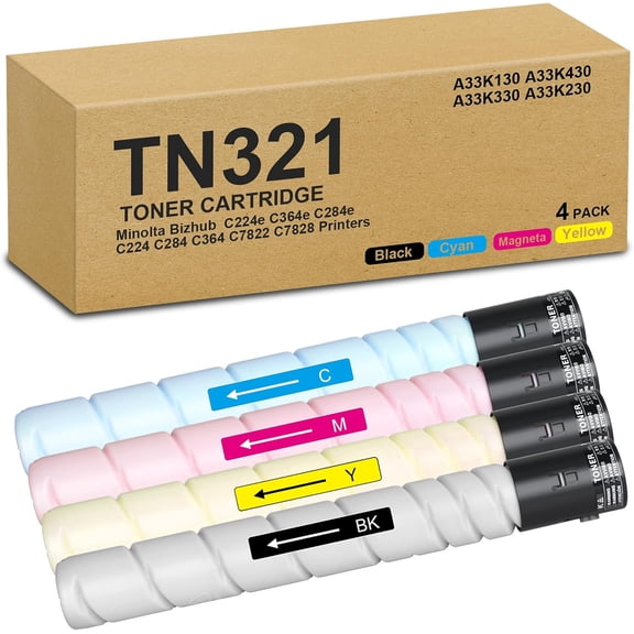 BF TN321 Toner Cartridges Replacement for Konica Minolta TN-321 Bizhub TN321K C227 C224e C364e C284e C224 C284 C364 C7822 C7828 Printers(4packs,A33K130 A33K430 A33K330 A33K230)