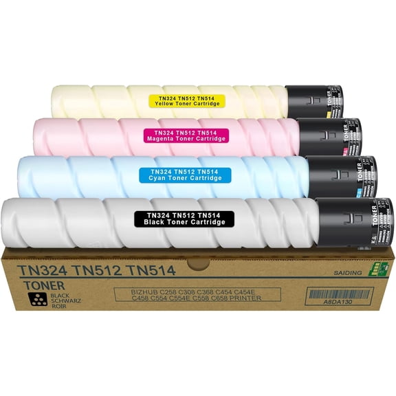 TN324 TN512 TN514 Toner Cartridge Compatible with Minolta Bizhub C258 C308 C368 C454 C454e C458 C554 C554e C558 C658 Printers (4 Pack,Black Cyan Yellow Magenta)