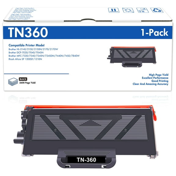 TN360 1-Pack High Yield Toner Cartridge Compatible for Brother TN360 TN-360 TN330 TN-330 to use with HL-2140 HL-2170W MFC-7840W MFC-7340 MFC-7440N MFC-7345N DCP-7030 DCP-7040 Printer Ink