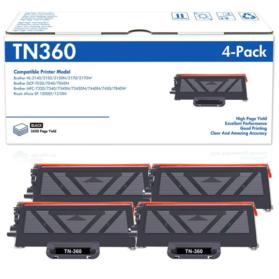TN360 4-Pack High Yield Toner Cartridge Compatible for Brother TN360 TN-360 TN330 TN-330 to use with HL-2140 HL-2170W MFC-7840W MFC-7340 MFC-7440N MFC-7345N DCP-7030 DCP-7040 Printer Ink