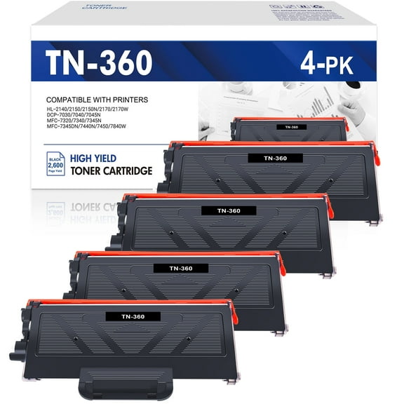 TN360 4-Pack High Yield Toner Cartridge Compatible for Brother TN360 TN-360 TN330 TN-330 to use with HL-2140 HL-2170W MFC-7840W MFC-7340 MFC-7440N MFC-7345N DCP-7030 DCP-7040 Printer Ink