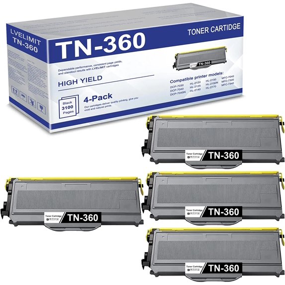 TN360 TN-360 Toner Cartridge Replacement for DCP-7030 DCP-7040 DCP-7045N HL-2120 HL-2150N HL-2170 HL-2170W MFC-7040 MFC-7320 MFC-7440N MFC-7840 MFC-7840W Printer Toner (Black, 4 Pack)