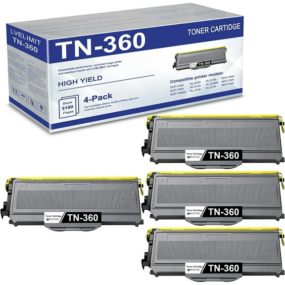 TN360 TN-360 Toner Cartridge Replacement for DCP-7030 DCP-7040 DCP-7045N HL-2120 HL-2150N HL-2170 HL-2170W MFC-7040 MFC-7320 MFC-7440N MFC-7840 MFC-7840W Printer Toner (Black, 4 Pack)