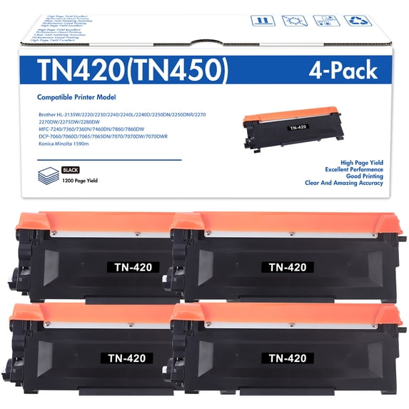 TN420 TN450 Toner Cartridge Compatible for Brother TN450 TN420 TN-450 TN-420 Toner Cartridge for MFC-7360N MFC-7860DW HL-2230 Printer (4 Black)
