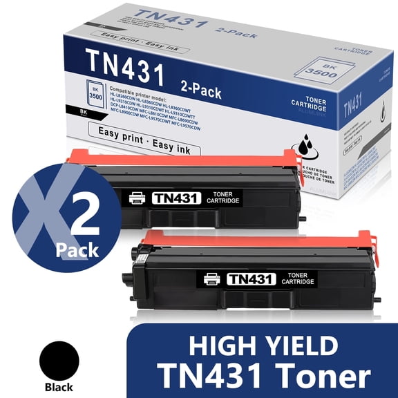 TN431 Black 2 Pack Toner Cartridge TN-431 Compatible for Brother TN431BK Toner HL-L8360CDW Printer