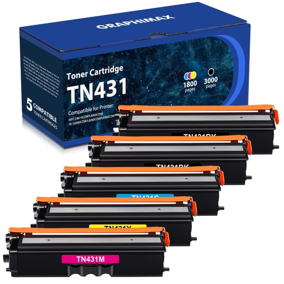 TN431 GraphiMax 5-Pack Compatible Toner for Brother TN431 TN433 TN436 HL-L8360CDW MFC-L8900CDW HL-L8260CDW L8360CDWT MFC-L8610CDW Printer Ink (2KCMY