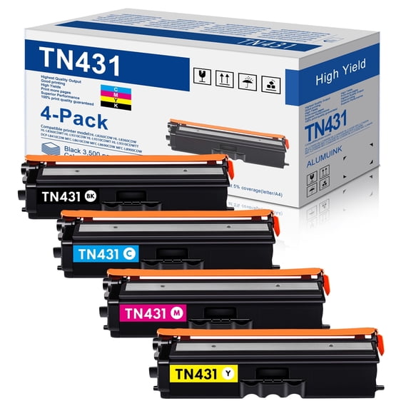 TN431 Toner Cartridge, 4 Pack Black Cyan Yellow Magenta Compatible for Brother TN431 Ink Cartridges TN431 MFC-L8900CDW Printer