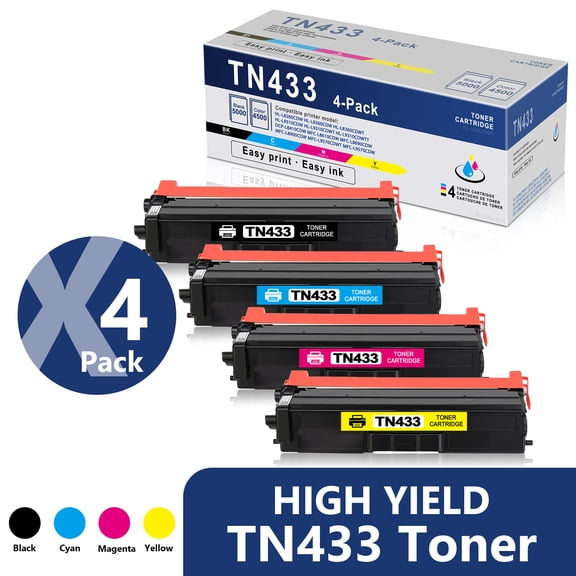 TN433 High Yield Toner Cartridge, Replacement for Brother TN433 High Yield Toner MFC-L8900CDW Printer (4 Pack, Black Cyan Yellow Magenta)
