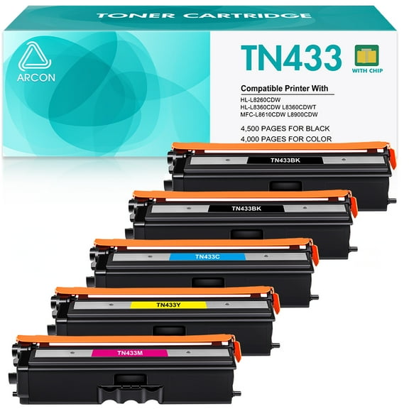 TN433 TN431 TN436 5-Pack Toner Cartridges Compatible for Brother TN-433C TN-433M TN-433Y MFC-L8900CDW HL-L8360CDW L8260CDW MFC-L8610CDW HL-L8360CDWT(Black Cyan Magenta Yellow)