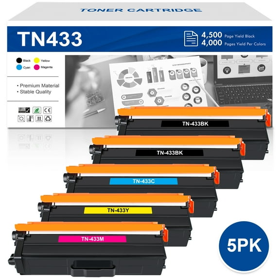 TN433 TN431 TN436 Compatible Toner Cartridge Replacement for Brother TN 433 TN-433BK TN-433C TN-433M TN-433Y High Yield (2 * Black Cyan Magenta Yellow, 5-Pack)