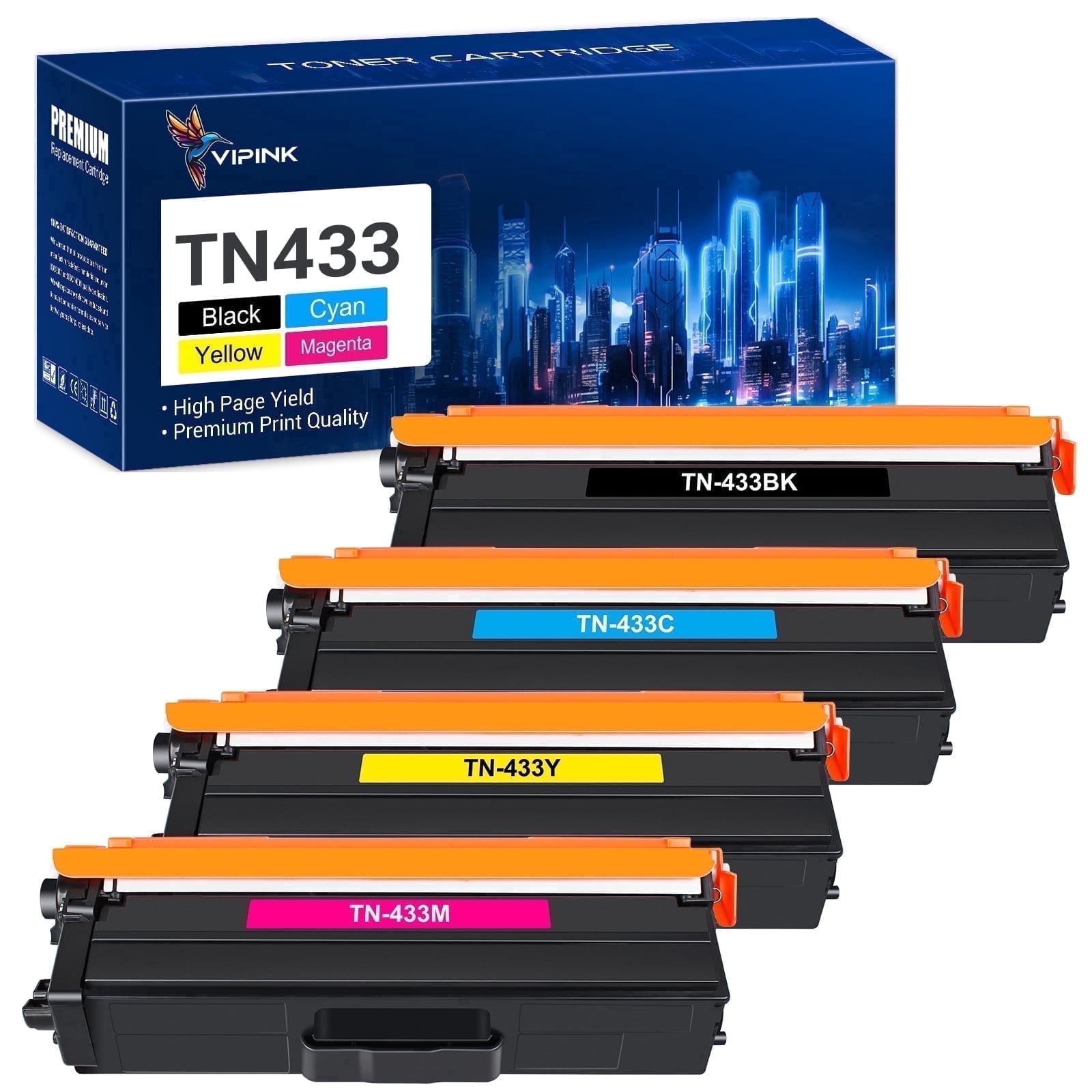 VIPink TN433 Toner Cartridge Compatible for Brother TN-433 TN431 TN436 TN433BK TN431BK TN 433 Brother HL-L8360CDW MFC-L8900CDW HL-L8260CDW L8360CDWT MFC-L8610CDW Printer Ink (KCMY, 4-Pack)