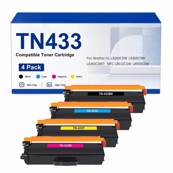 TN433TonerCartridgeCompatiblewithBrotherHL-L8260CDW
L8360CDWTMFC-L8610CDWL8900CDWPrinter(4Pack)