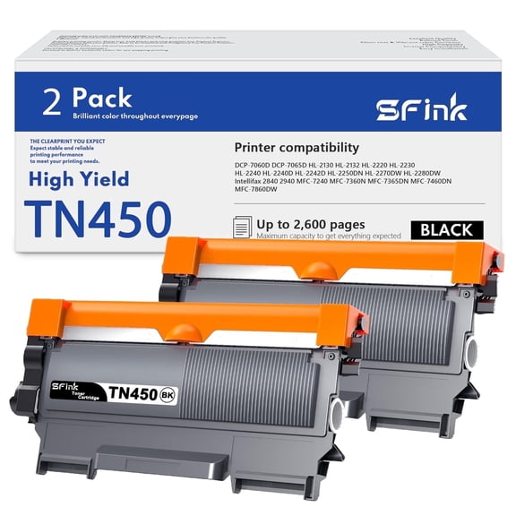 TN450 TN420 Toner Cartridge 2-Pack Black Compatible for Brother TN 450 TN-450 TN 420 TN-420 for HL-2270DW DCP-7060D MFC-7860DW Printer Ink High Yield