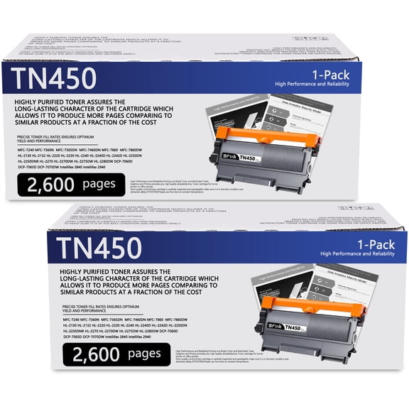 TN450 TN420 Toner Cartridge High Yield 2-Pack Black Compatible for Brother TN 450 TN-450 TN 420 TN-420 for HL-2270DW DCP-7060D HL-2280DW Printer