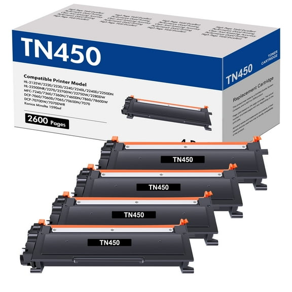 TN450 Toner Cartridge Black Compatible for Brother TN450 TN-450 TN420 TN-420 HL-2270DW HL-2280DW HL-2240 MF7860DW MFC-7360N DCP-7065DN MFC7860DW Intellifax 2840 2940 Printer Ink (4-Pack)