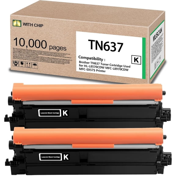 TN637/TN-637/TN 637 Compatible Toner Cartridge with Chip for Brother HL-L8570CDW MFC-L8970CDW MFC-EX575 Printers High Yield 10,000 Pages (2 Black)