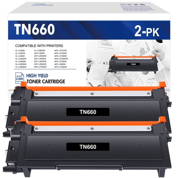 TN660 Black Toner Cartridge Compatible for Brother TN660 TN-660 TN630 TN-630 for HL-L2300D HL-L2305W HL-L2320D HL-L2380DW MFC-L2740DW MFC-L2707DW DCP-L2500D Printer (2-Pack, High Yield)