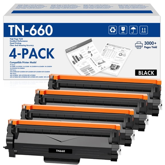 TN660 Toner Cartridge Compatible for Brother TN-660 TN 660 TN630 TN 630 MFC-L2700DW HL-L2300D HL-L2320D HL-L2340DW DCP-L2540DW DCP-L2520DW MFC-L2740DW DCP-L2680DW L8640DW Printer (4-Pack, Black)