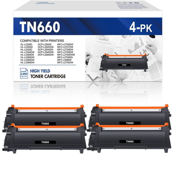 TN660 Toner Cartridge Black Compatible for Brother TN-660 TN630 HL-L2300D HL-L2320D HL-L2360DW HL-L2380DW MFC-L2680W MFC-L2705DW DCP-L2520DW DCP-L2540DW Printer Ink - 4 Pack