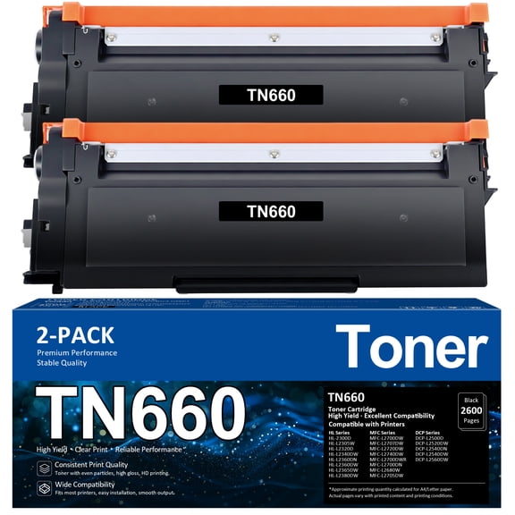 TN660 Toner Cartridge Compatible for Brother TN 660 TN-660 TN630 TN-630 HL-L2300D HL-L2380DW HL-L2320D HL-L2340DW MFC-L2700DW MFC-L2740DW DCP-L2540DW Printer Ink (Black, 2-Pack)