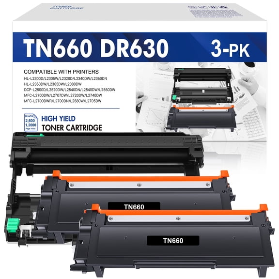 TN660 Toner Cartridge and DR630 Drum Unit Combo Compatible for Brother TN-660 DR-630 use with HL-L2300D HL-L2320D MFC-L2740DW HL-L2380D Printer (2x TN660 Toner, 1x DR630 Drum Unit )