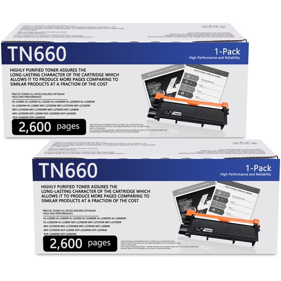 TN660 Toner Cartridge 2-Pack Black High Yield Compatible for Brother TN-660 TN 660 TN630 TN 630 for MFC-L2700DW HL-L2320D Printer